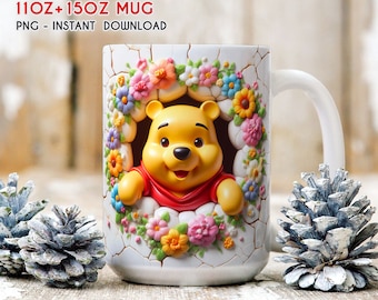 3D Cartoon Spring Mug Wrap, 11oz 15oz Mug Wrap, Cartoon Mug Sublimation, 3D Mug Wrap, Pooh Bear Mug Wrap, Spring Mug Gift, Digital Download