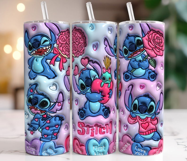 3D Inflated Stitch Valentine Tumbler, 20oz Skinny Tumbler, 3D Puffy Valentine Tumbler, Stitch Valentine Tumbler, Tumbler Png,Insant Download image 1