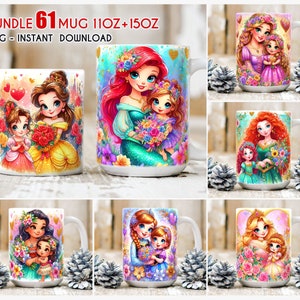 Pacote 60+ Princess Mug Wrap png, 11 onças 15 onças Mug Wrap, Princess floral Mug, Pacote de canecas para o dia das mães, Sublimação de canecas, Arquivo digital