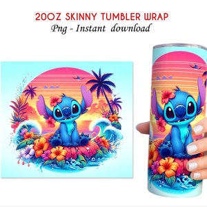 May include: A 20oz skinny tumbler wrap featuring a blue cartoon character with large ears, surrounded by tropical flowers and waves, set against a sunset backdrop. The design is also shown as a flat image.