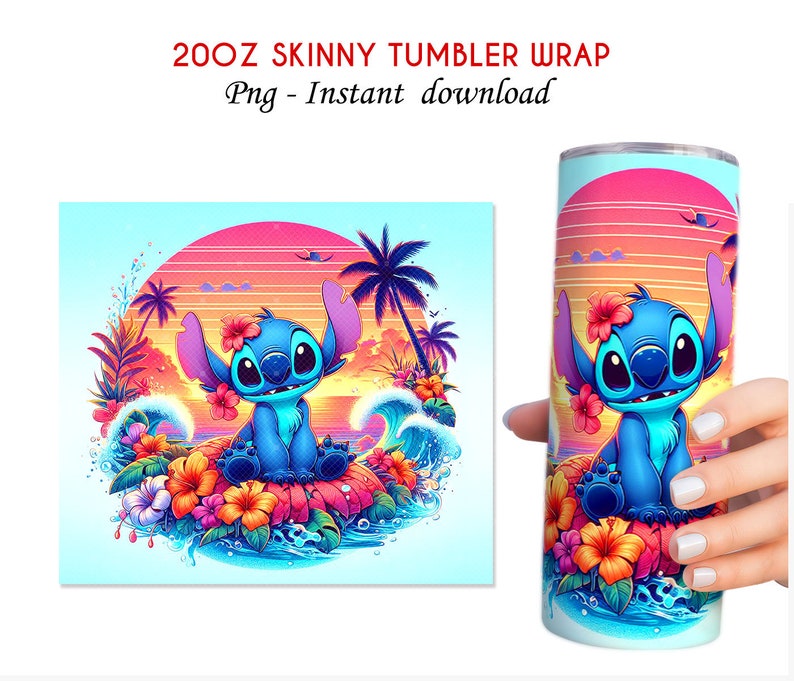 May include: A 20oz skinny tumbler wrap featuring a blue cartoon character with large ears, surrounded by tropical flowers and waves, set against a sunset backdrop. The design is also shown as a flat image.