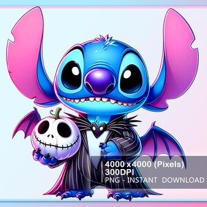 May include: A digital illustration of a blue alien character with large black eyes and pink ears, dressed in a black and white pinstripe suit, holding a Jack Skellington pumpkin. The image has the text "4000 x 4000 (Pixels) 300DPI PNG - INSTANT DOWNLOAD".