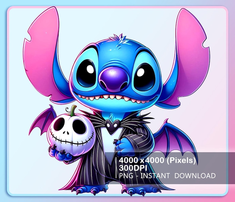 May include: A digital illustration of a blue alien character with large black eyes and pink ears, dressed in a black and white pinstripe suit, holding a Jack Skellington pumpkin. The image has the text "4000 x 4000 (Pixels) 300DPI PNG - INSTANT DOWNLOAD".