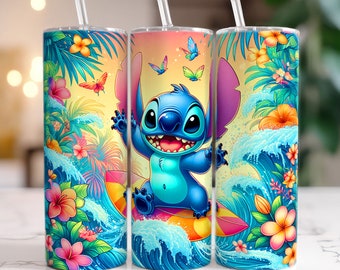 Stitch Summer 20oz Tumbler, 20oz Skinny Tumbler, Cartoon Tumbler Wrap, Beach Tumbler Sublimation, Full Tumbler Wrap, Tumbler Png