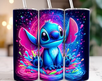 Stitch Neon Light 20oz Skinny Tumbler Wrap, Stitch 20oz Tumbler, Cartoon Movie Tumbler Wrap, Tumbler Sublimation, Png Download