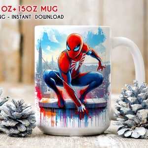 May include: White ceramic mug with a colorful watercolor design featuring Spider-Man in a red and blue suit, swinging through a cityscape. The mug has a handle and says "11OZ + 15OZ MUG" and "PNG - INSTANT DOWNLOAD" on the top.