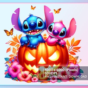 May include: A digital illustration featuring two cartoon characters, one blue and one pink, perched atop a carved orange pumpkin. The pumpkin has a glowing face. The image is decorated with orange leaves, pink flowers, and butterflies.