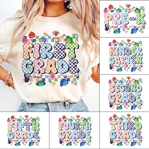 May include: A set of 6 colorful graphic tees featuring the words "Pre-K", "Kindergarten", "First Grade", "Second Grade", "Third Grade", and "Fourth Grade" in a checkered pattern. Each design includes cartoon characters from the movie Inside Out.