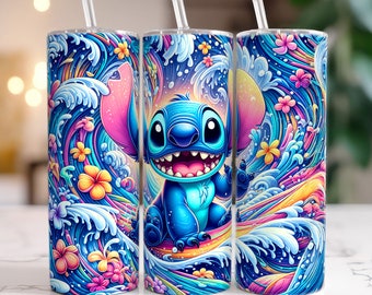 Stitch Colorful Beach Tumbler Design, 20oz Skinny Tumbler, 20oz Skinny Sublimation Digital Downloads, Stitch Design Sublimation PNG