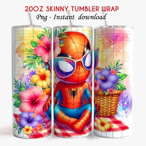 May include: A 20oz skinny tumbler wrap featuring a cartoon image of Spiderman wearing sunglasses and sitting on a picnic blanket with tropical flowers. The background is a watercolor-style grid pattern.