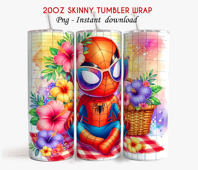 May include: A 20oz skinny tumbler wrap featuring a cartoon image of Spiderman wearing sunglasses and sitting on a picnic blanket with tropical flowers. The background is a watercolor-style grid pattern.