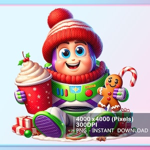 Puede incluir: Ilustración digital de un personaje de dibujos animados con un gorro a rayas rojas y blancas y un traje espacial verde y blanco. El personaje sostiene una taza roja con crema batida y un hombre de jengibre con un bastón de caramelo.