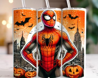 Vaso de Halloween de Spiderman vintage, vaso delgado de 20 oz, dibujos animados de Halloween, vaso de Halloween en formato PNG, descarga instantánea