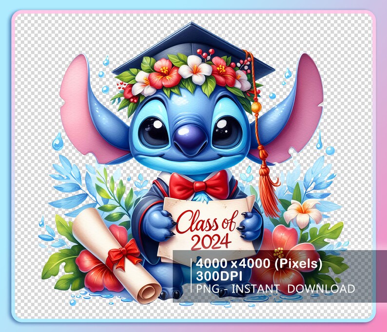 May include: A blue Stitch character wearing a graduation cap and gown, holding a sign that says "Class of 2024". The character is surrounded by flowers and a graduation scroll.