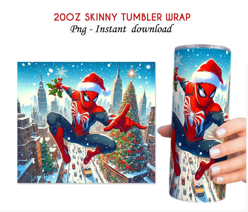 May include: A 20oz skinny tumbler wrap with a festive design. It features Spider-Man in a Santa hat, set against a snowy cityscape with a Christmas tree. The text "20OZ SKINNY TUMBLER WRAP" and "Png - Instant download" is visible.