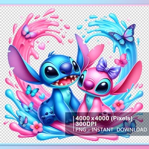 K&ouml;nnte beinhalten: Blaue und rosa Comicfiguren, Stitch und Angel, sind von rosa und blauen Wasserspritzern umgeben. Beide l&auml;cheln und haben gro&szlig;e Augen. Im Hintergrund befinden sich Schmetterlinge und Herzen. Der Text unten lautet "4000 x 4000 (Pixel) 300DPI PNG - SOFORTIGER DOWNLOAD".