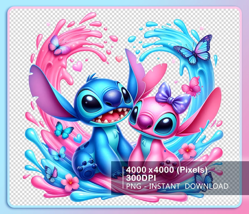 K&ouml;nnte beinhalten: Blaue und rosa Comicfiguren, Stitch und Angel, sind von rosa und blauen Wasserspritzern umgeben. Beide l&auml;cheln und haben gro&szlig;e Augen. Im Hintergrund befinden sich Schmetterlinge und Herzen. Der Text unten lautet "4000 x 4000 (Pixel) 300DPI PNG - SOFORTIGER DOWNLOAD".