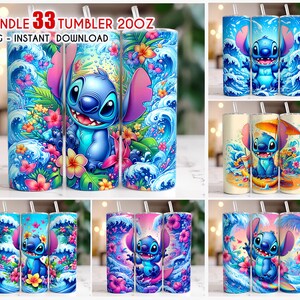 May include: A set of 33 20oz tumblers featuring a blue cartoon character with large ears and a mischievous grin. The character is surrounded by colorful flowers and ocean waves. The tumblers are perfect for adding a touch of whimsy to your everyday routine.