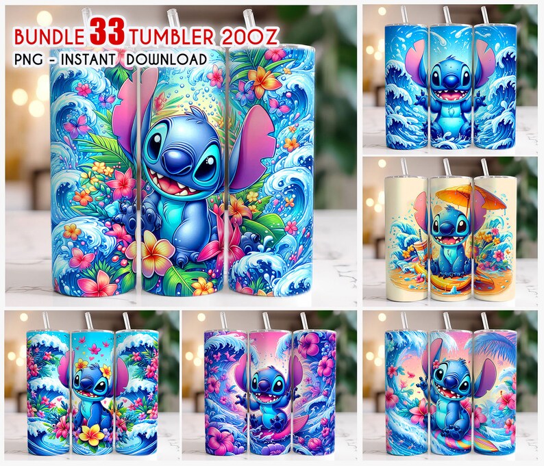May include: A set of 33 20oz tumblers featuring a blue cartoon character with large ears and a mischievous grin. The character is surrounded by colorful flowers and ocean waves. The tumblers are perfect for adding a touch of whimsy to your everyday routine.