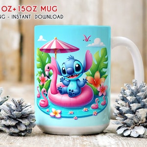 Stitch Pool Mug Wrap, Summer Pool Cartoon Mug, Pool Mug Wrap, Swimming Sublimation, 11oz 15oz Mug Wrap, PNG Download