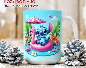Stitch Pool Mug Wrap, Letni Kubek z Kreskówką o Basenie, Kubek z Basenem, Sublimacja Pływania, Kubek 11oz 15oz Wrap, PNG Pobierz