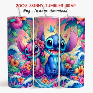 May include: A 20oz skinny tumbler wrap featuring a vibrant design with the characters Stitch and Angel, surrounded by tropical flowers, waves, and butterflies. The design is in shades of blue, pink, and orange, with the text "20OZ SKINNY TUMBLER WRAP" and "Png - Instant download".