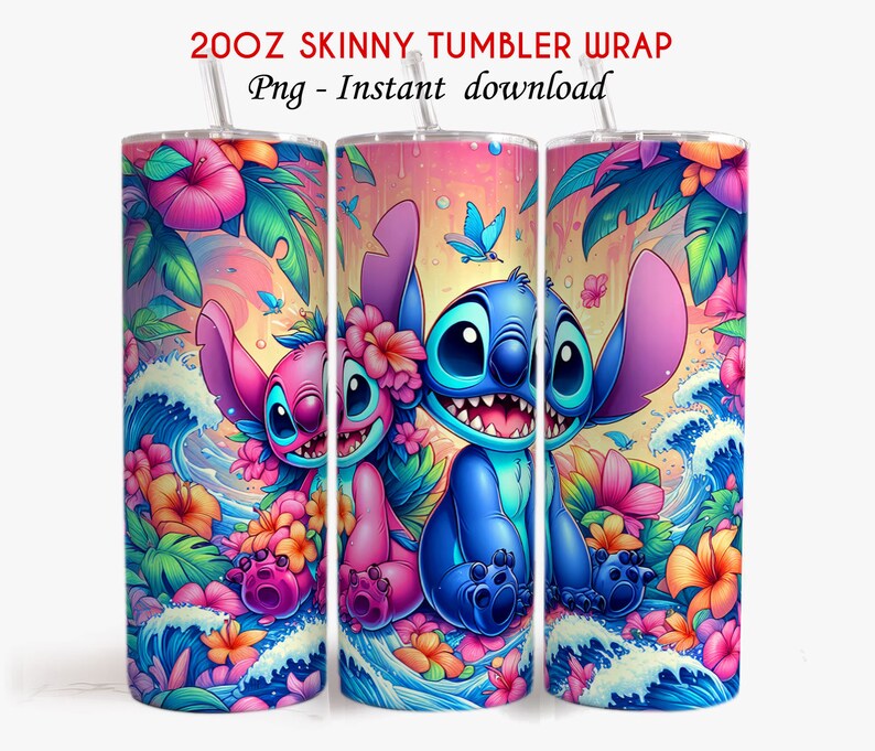 May include: A 20oz skinny tumbler wrap featuring a vibrant design with the characters Stitch and Angel, surrounded by tropical flowers, waves, and butterflies. The design is in shades of blue, pink, and orange, with the text "20OZ SKINNY TUMBLER WRAP" and "Png - Instant download".