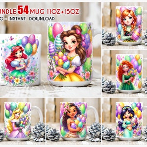 Puede incluir: Conjunto de 54 diseños de sublimación para tazas de 11 oz y 15 oz con diferentes princesas Disney con huevos de Pascua y flores. Formato PNG, descarga instantánea.
