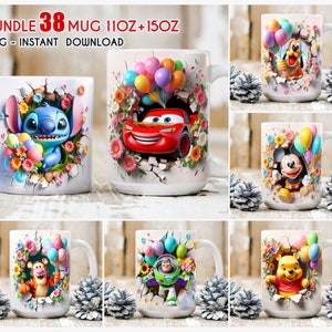Paquete envoltura de taza de primavera de dibujos animados 3D, envoltura de taza de 11 oz 15 oz, taza de dibujos animados 3D, envoltura de taza 3D, diseño de sublimación, archivo digital PNG DTF