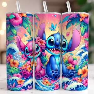 May include: A set of three stainless steel tumblers featuring a vibrant tropical design. The design includes the characters Stitch and Angel, surrounded by colorful flowers, waves, and butterflies. Each tumbler has a clear straw.