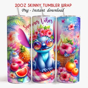 May include: A set of three 20oz skinny tumbler wraps featuring a vibrant, colorful design. The wraps showcase a cartoon character with sunglasses, surrounded by flowers, fruit, and the text "Summer Vibes". The design includes a tropical theme with bright pinks, blues, and greens.