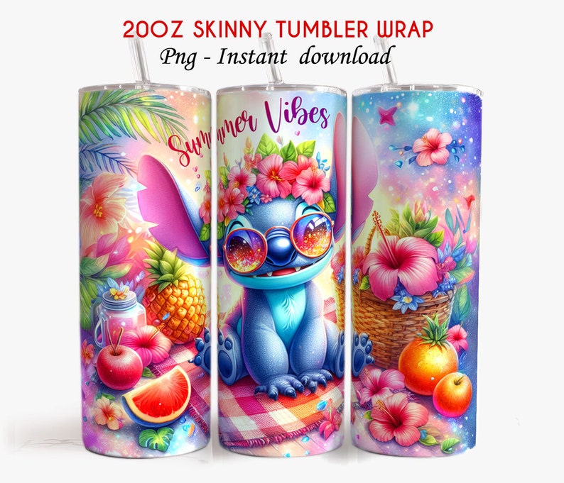 May include: A set of three 20oz skinny tumbler wraps featuring a vibrant, colorful design. The wraps showcase a cartoon character with sunglasses, surrounded by flowers, fruit, and the text "Summer Vibes". The design includes a tropical theme with bright pinks, blues, and greens.