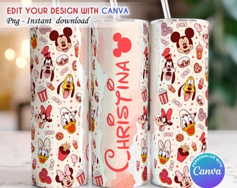 Vaso de San Valentín de dibujos animados personalizado, envoltura de vaso de San Valentín, vaso flaco de 20 oz, nombre personalizado de San Valentín, Canva editable, plantilla de Canva