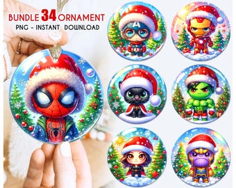 Superheroes Christmas Globe Round Ornament, Spiderman Ornament, Avengers Christmas Round Ornament PNG Bundle, Trendy Ornament Christmas PNG