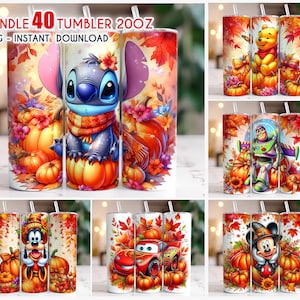May include: A collection of 20oz tumblers featuring fall-themed designs. The tumblers showcase characters like Stitch, Winnie the Pooh, Buzz Lightyear, Goofy, Lightning McQueen, and Mickey Mouse, surrounded by pumpkins and autumn leaves. The text "BUNDLE 40 TUMBLER 20OZ" is visible.