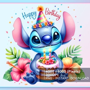 Stitch Birthday Splash Design Png, Feestvarken / Feestvarken Png, Cartoon Verjaardag Png, Verjaardag Familie Png, Instant download