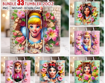 Bundle 33 Princess Floral Tumbler Wrap Png, 20oz Skinny Tumbler, Princess Tumbler Wrap, 3D Tumbler Wrap, 3D  Bundle Tumbler,Instant Download