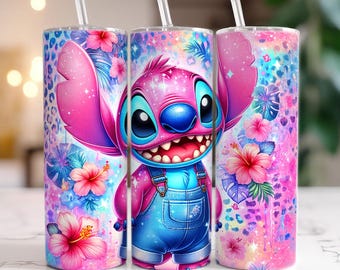 Vaso de acuarela con estampado de leopardo y flores de Magic Stitch, vaso estrecho de 20 oz, envoltura para vaso con estampado floral de Stitch, diseño de sublimación, archivo digital PNG