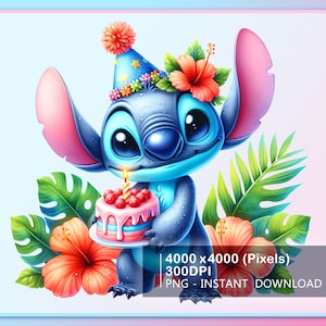 Akwarela Stitch Urodziny Splash Projekt Png, Urodziny Dziewczyna/Urodziny Chłopiec Png, Urodziny z Kreskówek Png, Urodziny Rodzina Png, Natychmiastowe pobieranie