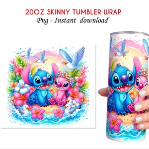 May include: A digital download for a 20 oz skinny tumbler wrap featuring Stitch and Angel from Lilo & Stitch. The design shows Stitch and Angel sitting on a beach with flowers and seagulls. The background is a pink and blue sunset.