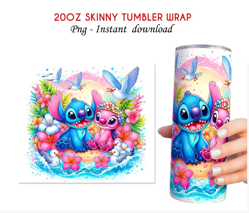 May include: A digital download for a 20 oz skinny tumbler wrap featuring Stitch and Angel from Lilo & Stitch. The design shows Stitch and Angel sitting on a beach with flowers and seagulls. The background is a pink and blue sunset.