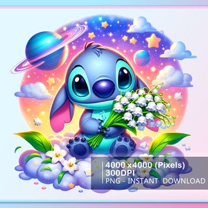 Stitch Galaxy Planet Funny Design, Dreammy Stitch Design Png, Floral Stitch Png, DTF print, Png Sublimation Instant Download