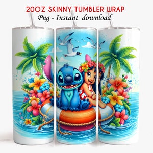 May include: A 20oz skinny tumbler wrap featuring Stitch and Lilo from Disney's Lilo & Stitch. The design includes Stitch and Lilo on a life preserver in the ocean with palm trees and tropical flowers. The background is a blue sky with white clouds.