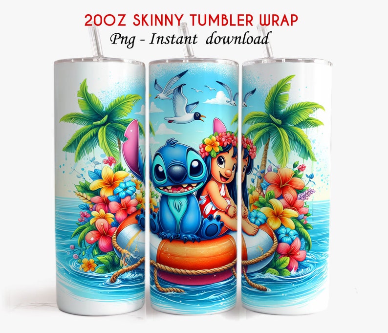 May include: A 20oz skinny tumbler wrap featuring Stitch and Lilo from Disney's Lilo & Stitch. The design includes Stitch and Lilo on a life preserver in the ocean with palm trees and tropical flowers. The background is a blue sky with white clouds.