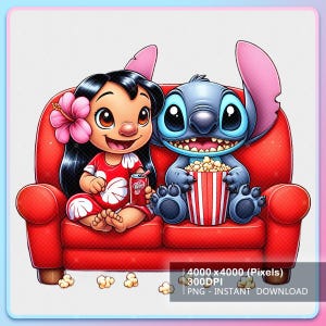 Stitch Lilo Popcorn Cinema Png, Stitch Drink Pepper Png, Stitch 2025 Designs, Movie Time Carton Shirt, 2025 Cartoon Movies, 300Dpi PNG