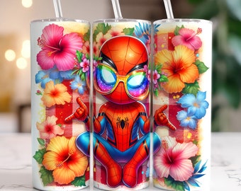 Envoltório de copo floral bonito do Homem-Aranha PNG, copo magro de 20 onças, envoltório de copo de super-herói, design de sublimação de copo, envoltório de copo de verão PNG