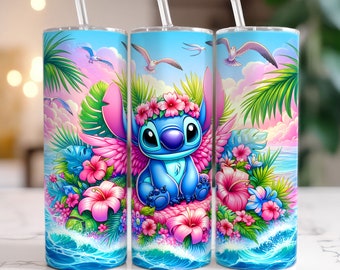 Stitch Floral Summer Vibes Tumbler, Colorful Cartoon Tumbler Wrap, 20oz Tumbler Wrap, Summer Beach Tumbler, Floral Tumbler, Digital File PNG