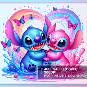 Zabawny Stitch Couple Heart Shape Floral Summer Design Png, Stitch Angel Floral Png, Summer Vibes Png, Sublimation Design, PNG Digital Download
