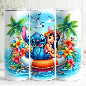 May include: A blue and purple cartoon character with large eyes and a red flower in its hair is holding onto a blue and white cartoon character with large ears. They are both sitting on a bright orange life preserver in a blue ocean with palm trees and flowers in the background.