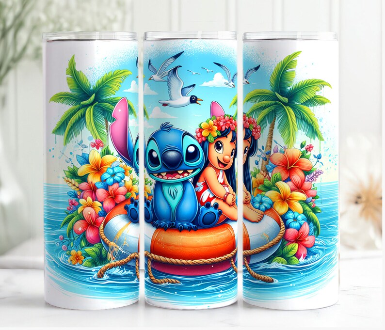 May include: A blue and purple cartoon character with large eyes and a red flower in its hair is holding onto a blue and white cartoon character with large ears. They are both sitting on a bright orange life preserver in a blue ocean with palm trees and flowers in the background.